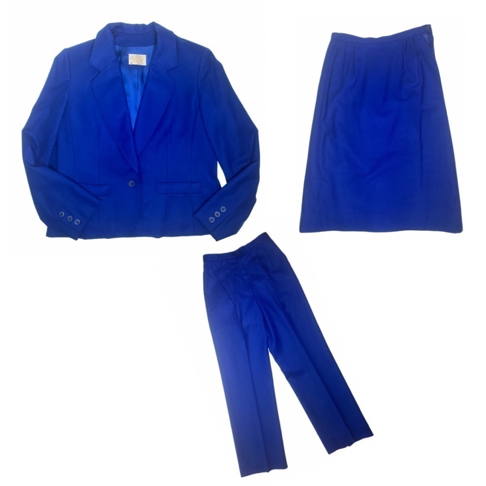 Pendleton Vintage 3 Piece Royal Blue Wool Suit Sz 13 Blazer, Skirt, Pants EUC